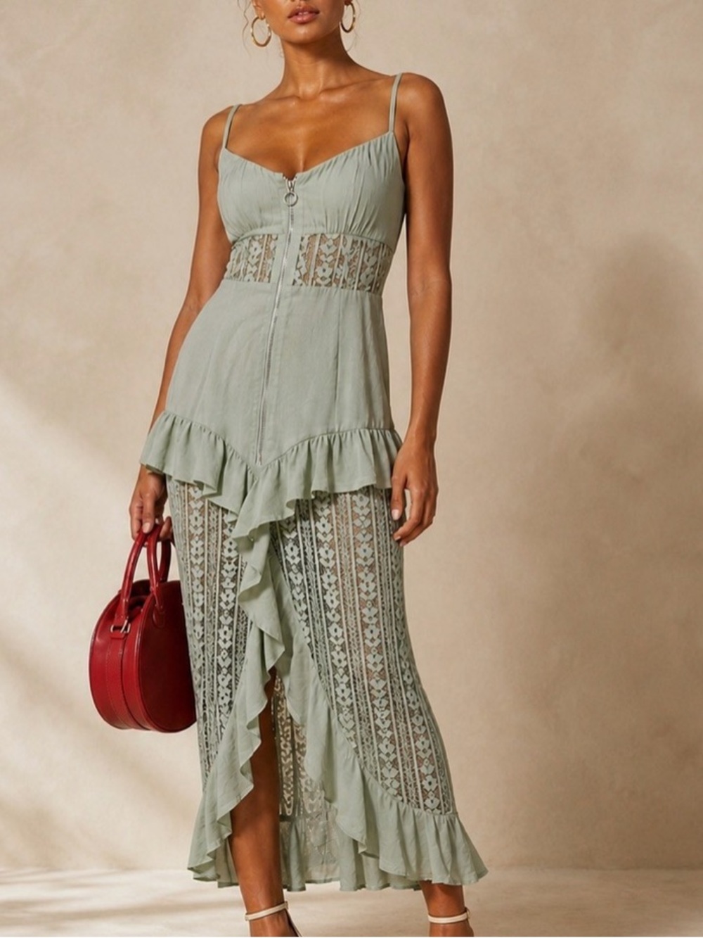 For Love & Lemons Sz L Dress Pia Maxi Green Lace Sleeveless Boho Party Wedding。 - Picture 1 of 10